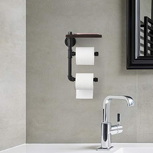 JS NOVA JUNS Industrial Paper Tower Holder, Toilet Roll Holder Wall Mount with Wood Shelf Storage, Black Electroplated Pipe Tissue Holder for Bathroom, Washroom, Double