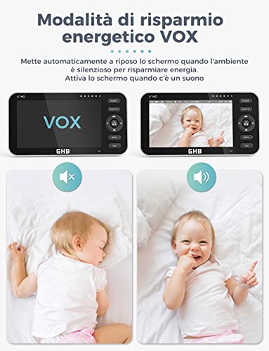 GHB Baby Monitor Video and Audio Camcorder 5 Inch Screen, 168 Hours of Autonomy, 350°/110°, Two-Way Communication, VOX Night Vision Vision Temperature Monitor, Lullabies