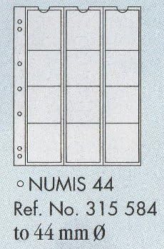 NUMIS 44 sheets for coins up to 44mm diameter. Pack of 5 sheets with interleaving. 193x217mm