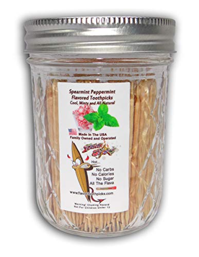 600 Spearmint Peppermint Flavor Natural Wooden Toothpicks in Glass Jar with Lid - Use to Quit Smoking and Freshen Breath After Food and Drink