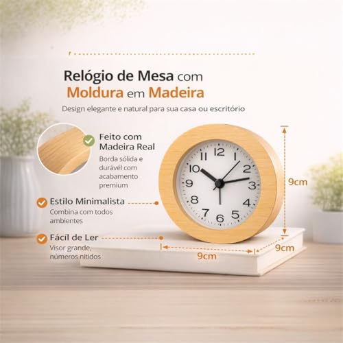 Relógio de Mesa Analógico de Madeira Redondo Decorativo Silencioso 11cm Design Decorativo Sem Tique-Taque Com Led Escritório