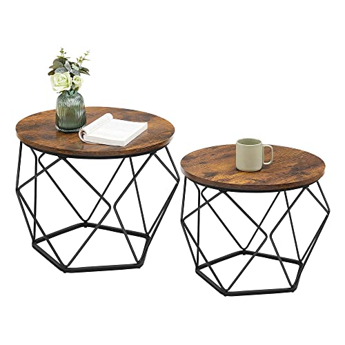 VASAGLE Couchtisch rund, 2er Set, Wohnzimmertisch, Beistelltisch, Vintage-Flair, abnehmbare Tischplatte, für Wohnzimmer, vintagebraun-tintenschwarz LE
