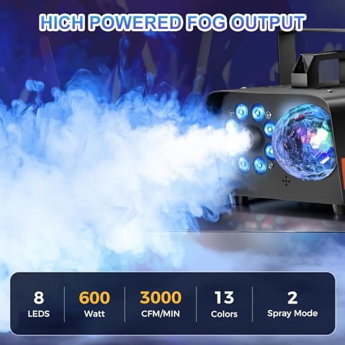 Dsocool Smoke Machine, Fog Machine with Disco Ball Lights, 600W and 3000CFM with 13 Colorful LED Lights Effect, Wireless Remote Control, Suitable for Indoor, Wedding, Parties, Halloween, and DJ Stage