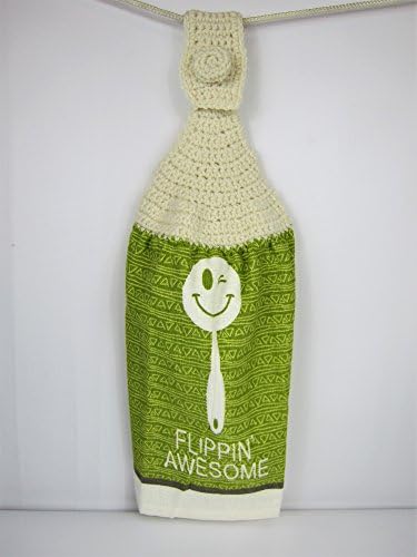 Dishtowel with hanging crochet topper, , Flippin Awesome, Handmade, Limegreen and off-white