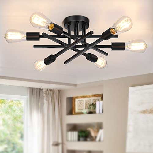 SunRider Industrial Semi Flush Mount Ceiling Light Fixture, 6-Light Black Farmhouse Sputnik Chandelier, Geometric Lamp for Living Room Bedroom Kitchen