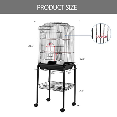 Idealchoiceproduct Metal Bird Flight Cage Portable Parrot Cages Pet Supplies Birdcages Parrot Finch Macaw Cockatoo Large Birdcage Stands W/Casters Wheels 15.6x14x50.6 High