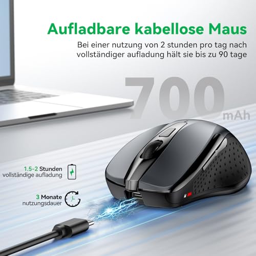TechRise Bluetooth Mouse, 2.4G Mouse Wireless (BT 5.0/3.0 + 2.4G) 4800 DPI Rechargeable Ergonomic Mouse with USB-A Receiver, 6 Levels DPI Silent Wireless Mouse for Laptops, Computers, PC, Windows, Grey