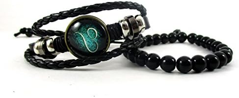Streetsoul Zodiac Star Sun Sign WristBand & Bead Handmade Black Leather Gift For Men Boys. (Leo. Jul 23 – Aug 23)