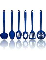 Blue Silicone Cooking Utensils Set â€“ Sturdy Steel Inner Core â€“ Spatula, Mixing & Slotted Spoon, Ladle, Pasta Server, Drainer â€“ Heat Resistant Kitchen Tools - Bonus Recipe Ebook