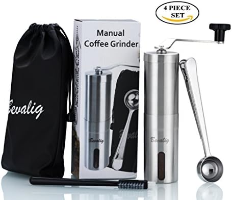Manual Coffee Grinder with Travel Pouch, Spoon and Cleaning Brush | Ceramic Conical Burr for Precision Brewing | Stainless Steel Hand Crank Mill