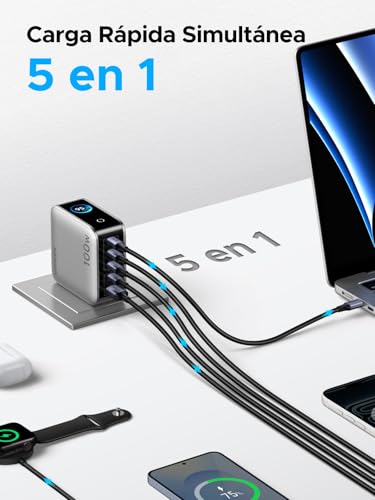 UGREEN Nexode Pro 100W Cargador USB Tipo C 5 Puertos con Pantalla Inteligente, GAN Carga Rápida Adaptador Compatible con Macbook, iPhone 17 Pro Max/17 Pro/Air /17/16/15, Galaxy S26 S25 S24 Ultra, iPad