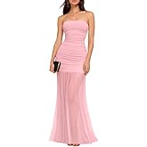 LAGSHIAN Women's Elegant Wedding Guest Maxi Dress Sleeveless Tube Ruched Mesh Evening Long Dresses