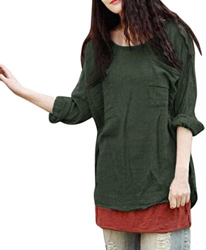 Womens Cotton Linen Long Sleeve Thin 0-Neck T-Shirt Summer Autumn Loose Blouse