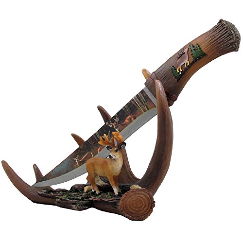 Buck Display Knife on Antler Stand with Deer Figurine and Stainless Steel Blade for Rustic Cabin & Lodge Decor Sculptures for Statues and Decorative Hunting Knives or Daggers As Gifts for Hunters and Outdoorsmen