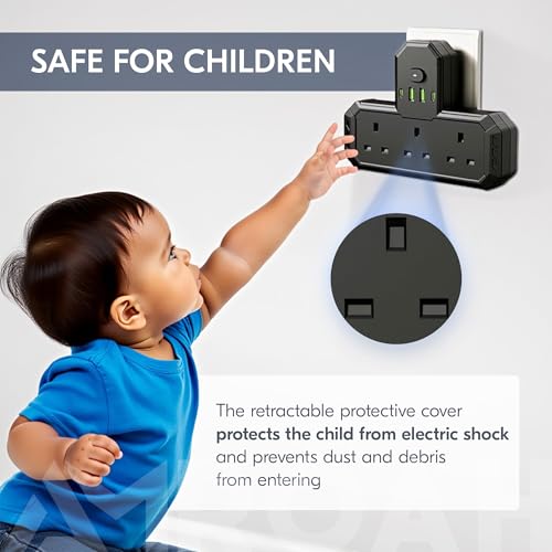 AMROAH Multi Socket 7 in 1 with Night Light, Universal Multi Plug Socket with 3 AC Outlets UK/UAE, Wall Mount Multi Plug with USB Ports, 2 USB A 2 USB C for Home Office Travel