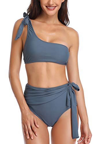 Almaree Women's Oversized Tie Front Two Piece Bikini One Shoulder Swimsuit Gray XL - Thumbnail 7