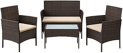 Conjunto de Muebles de Jardín, Muebles de Patio Ratán, Muebles de Mimbre de PE para el Patio, Marrón y Topo GGF004K05