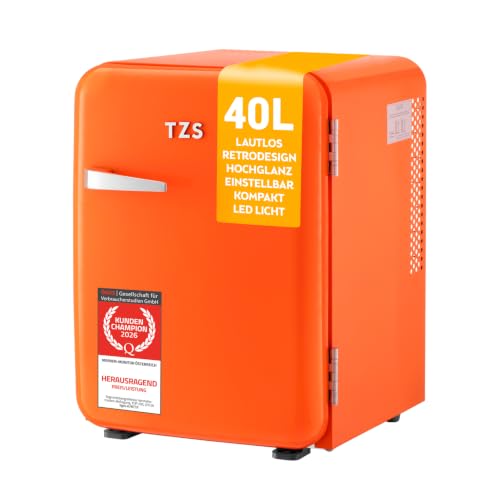 TZS First Austria - Retro Mini Kühlschrank 40L - Lautlos - Vintage Minibar für Schlafzimmer & Büro - orange