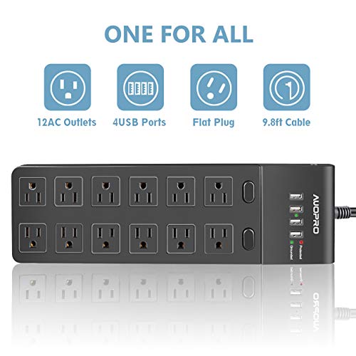 USB Power Strip Flat Plug, AUOPRO 12 Outlet Surge Protector with 4 USB, Grounded Desktop Extension Cord , 1050J, Dual… - Image 3