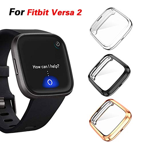 KPYJA Compatible with Fitbit Versa 2 Screen Protector, 3-Pack Full Coverage Soft TPU Case Slim Screen Protective Bumper Cover Saver Shell for Fitbit Versa 2 Versa Smartwatch (Black+Rose Gold+Clear)