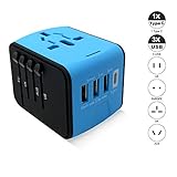 Jushoor International Travel Power Adapter with 3 USB & 1 Type C Output Port Charger, support worldwide AC 100-240V, Wall Outlet for UK, US, AU, Europe & Asia- Blue