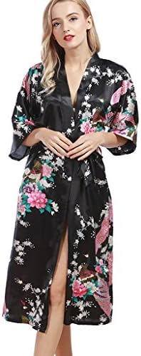 Women's Summer Satin Robe Long Peacock Kimono with Sleeve S Black
