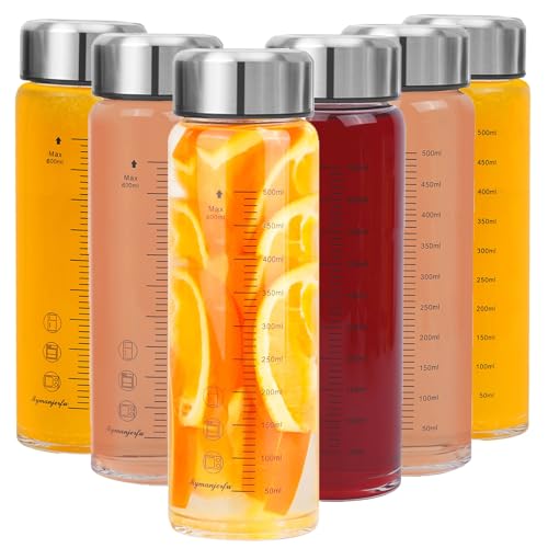Mymanjerfu Glasflasche 600Ml Mit Deckel - 6Er Pack, Trinkflasche Glas Aus Borosilikatglas - Saftflasche, Smoothie &Amp; Shaker Becher - Bruchsicher, Spülmaschinenfest &Amp; Bpa-Frei