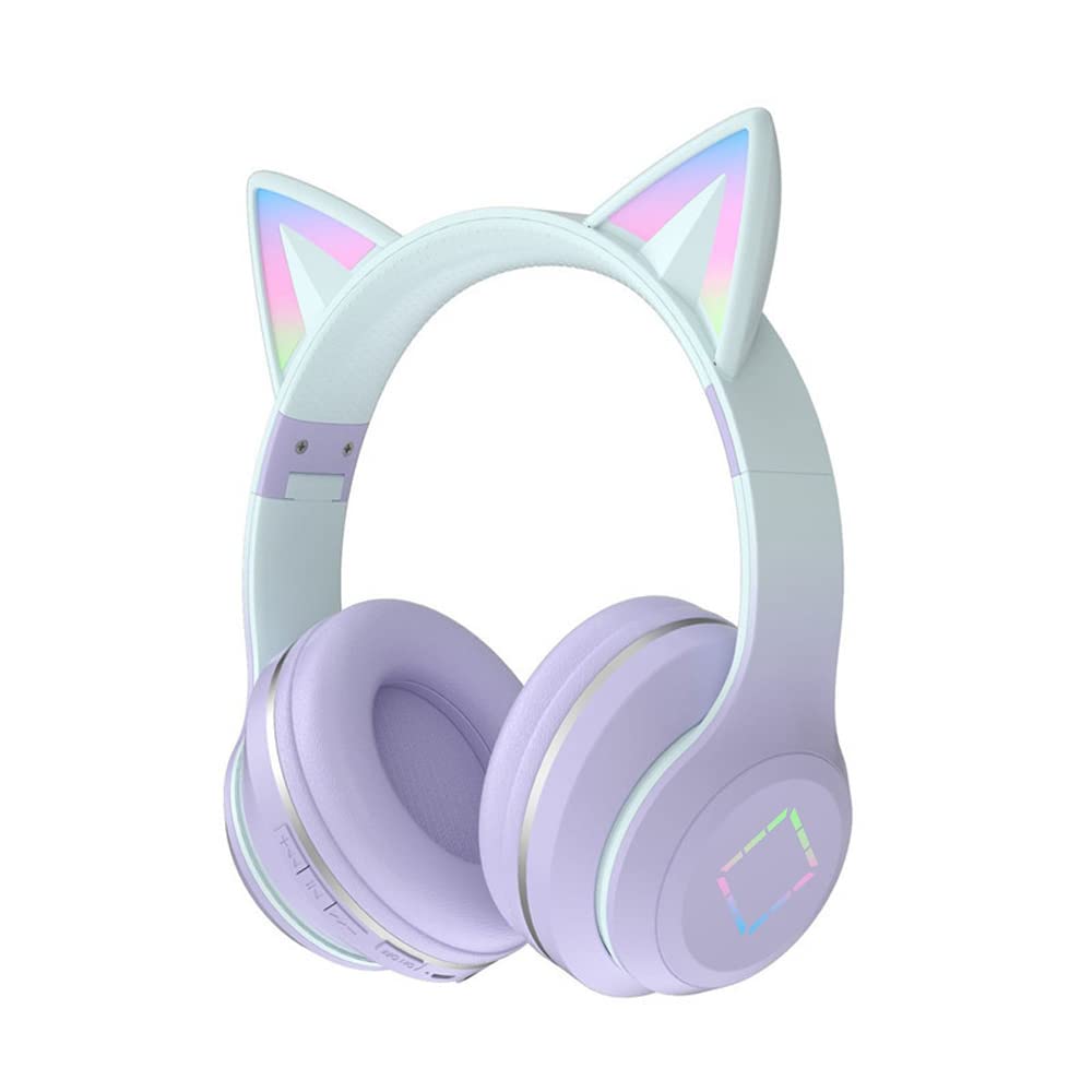 Usoun Kids Headphones,Cat Ear Led Light Bluetooth Kids Headphones with Mic,Girls Headphone Wireless,TF Card,3.5mm Audio,Wireless/Wired Foldable Kid On Ear Headphone for Boys Girls Adults (Purple)