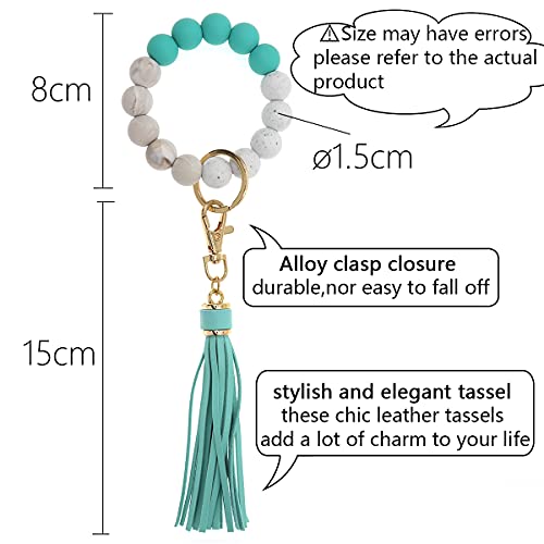 Silicone Beaded Bangle Keychain Wristlet for Women Leather Tassel(Emerald)