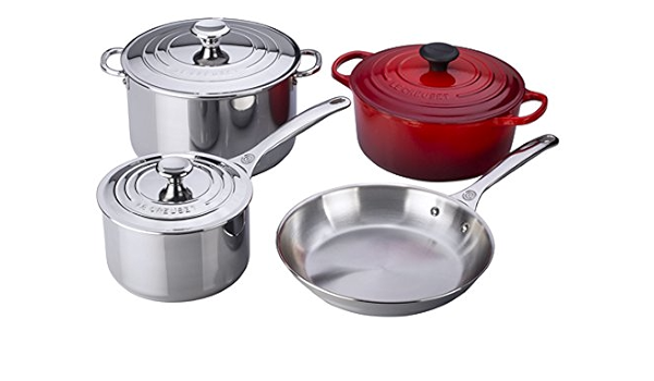 Amazon Com Le Creuset 7 Piece Stainless Steel And Enameled Cast Iron Cookware Set Cerise Cherry Red Kitchen Dining