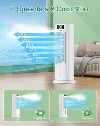Portable Air Conditioner, 90° Auto Oscillation, 6 Speeds & 2 Cool Mist, 3 IN 1 Air Cooler, 800ML Water Tank, 12H Timer, 5M Remote Control, Quiet Cooling Tower Fan Air Conditioner for Room Office