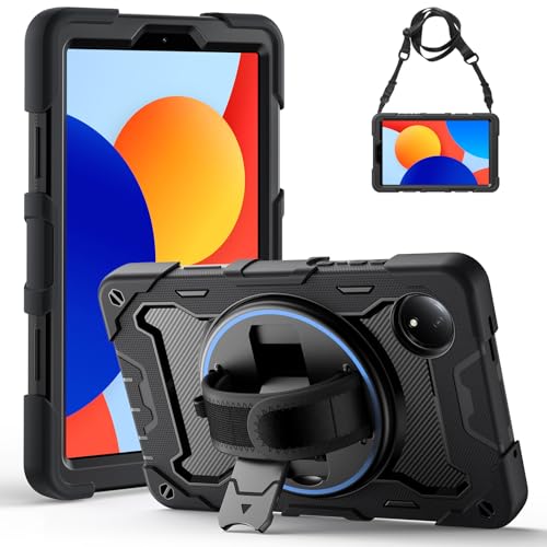 Gerutek Anti-Drop Case for Xiaomi Redmi Pad SE 2024 (8.7 Inch), Rugged Case with 360° Rotating Stand, Hand/Shoulder Strap, Pencil Holder, Rugged Case for Redmi Pad SE 8.7" 2024, Black