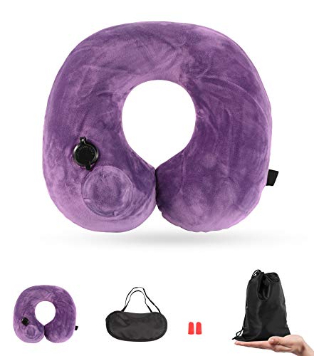 Two Blocks Off Travel Pillow,Inflatable Travel Neck Pillow for Plane Travel Sleeping Train Office with Ear Plugs Eye Mask and Socks