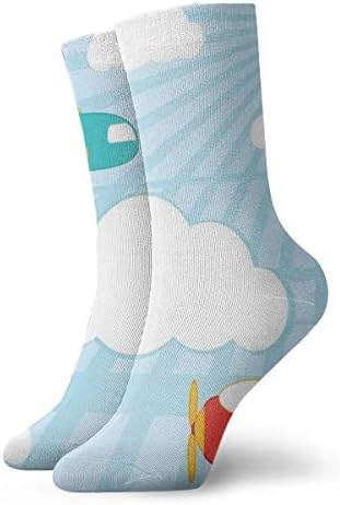 High Ankle Cotton Casual Crew Socks For Women Men,Retro Style Kids Cartoon Pattern With Aeroplanes Sunshine And White Clouds