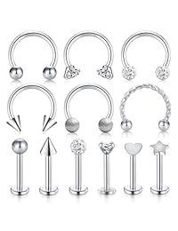 JFORYOU - 12 pendientes de acero inoxidable con forma de Rook Daith para ombligo, labio, ceja, cartílago, hélice, circonita cúbica, 0.315 in
