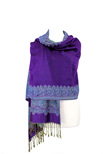Paskmlna Border Pattern Double Layered Reversible Woven Pashmina Shawl Scarf Wrap Stole (003#28Purple/TQ) - Thumbnail 3
