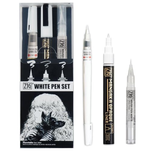 Kuretake Zig Inktober pen set, for Illustration, Manga Drawing, Lettering and Calligraphy, Professional Artist, Made in Japan (White(3pcs.))