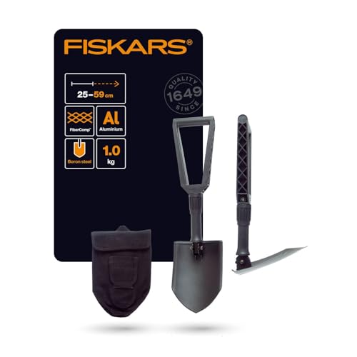 Fiskars Klappspaten für Camper und Bergsteiger, Auch als Schaufel und Hacke einsetzbar, Mit Canvas-Tasche, Länge (ausgeklappt): 59 cm, Gehärteter Bors