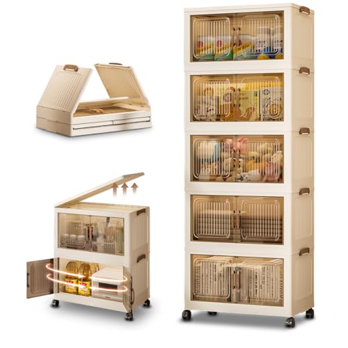 Cestbella Stackable Storage Bins with Lids, 5 Tier Storage Cabinet with Wheels Dual Opening Storage Box, Collapsible Closet Organizer Foldable Clothes Snacks Toys Book Container Case 42x26x108cm
