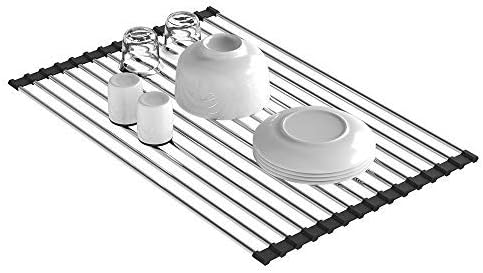 Dish Drying Rack, 2 Tier Dish Drainer Easy Install Non-Slip Dish Rack Chrome Plated Dish Dryer with Removable Drain Board, Utensil Holder, Cup Holder for Kitchen Counter, Silver, 16 x 15 x 10 inch (Black)