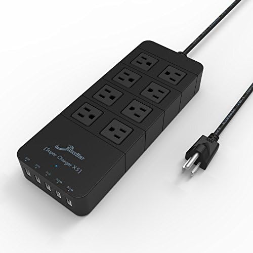 Home Power Center 40W 5-Port (3x1Amp+2x2.4Amp) Desktop Smart USB Charger for iphone/Android Smartphone + Multi Outlet Home/Office Power Strip w/ UL Certified U.S.Standard Plug (Black) (8 Outlet)