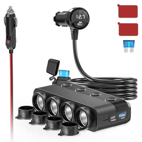 Qidoe 4 x Car Cigarette Lighter Charger Socket Adapter 300W Dual PD 30W and QC 3.0 12V-24V Car USB Socket with Independent Switch and LED Voltmeter for All Car Devices