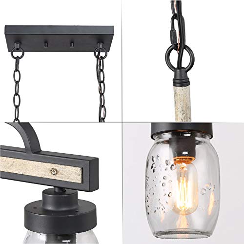 LOG BARN Rustic Mason Jar Pendant Lighting for Kitchen, 4 Lights Farmhouse Chandelier in Distressed Faux Wood and Dark Grey Metal Finish, 30" Large Dining Room Linear Lighting