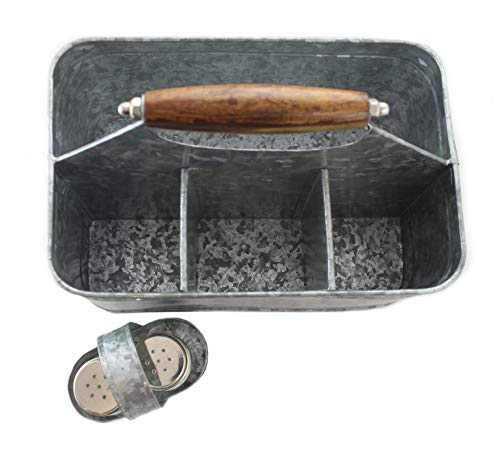 Galvanized Metal Caddy Plus Matching Salt and Pepper Shaker Farmhouse Rustic Carry-All Picnic Kitchen Utensil Organizer Condiment Holder by Well Pack Box - Thumbnail 4