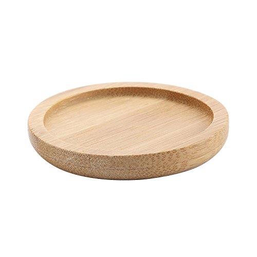 T4U 3.5 Inch Wooden Plant Pot Saucer Bamboo Tray Base – Round Sandy Beige, Durable and Lighweight Plate for Holding Small Succulent Planter Pot, Small Ornament Accessory, Candle and More