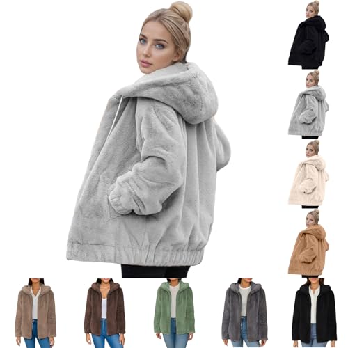 Angxiwan grey zip up hoodie womens Teddy Fleece Jacket Women Warm Cosy Fluffy Zip up Hoodie With Pockets Oversized Long Sleeve Winter Coats for Cold Weather sherpa fleece jacket