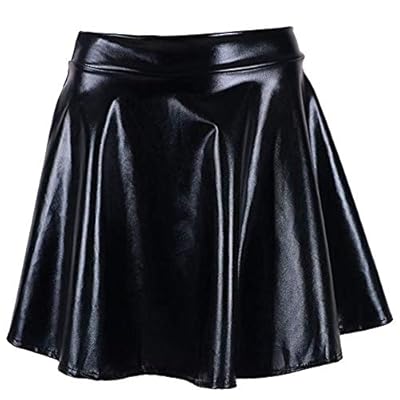 MCCKLE Women's Glossy Liquid Shiny Metallic Mini Skirt Retro Disco Pleated Flared Skater Skirts