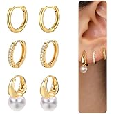 JUANKIKI Pearl Earring for Women, 14K Gold Plated Big Pearl Drop Earrings, Chunky Hoop Huggie Set,Suitable for everyday wear