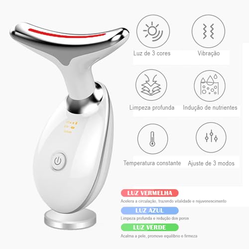 Massageador Facial LED 3 Cores com EMS e Aquecimento, Lifting Facial, Redução de Rugas e Papada, Estimulador de Colágeno Recarregável para Pescoço