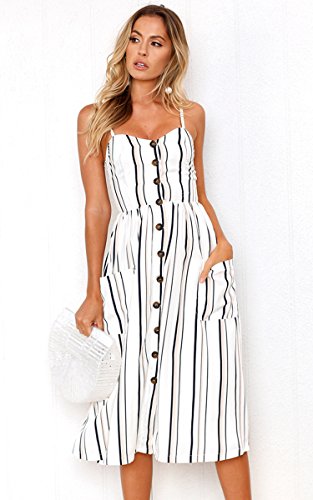 Angashion Women's Dresses-Summer Floral Bohemian Spaghetti Strap Button Down Swing Midi Dress with Pockets White Striped L